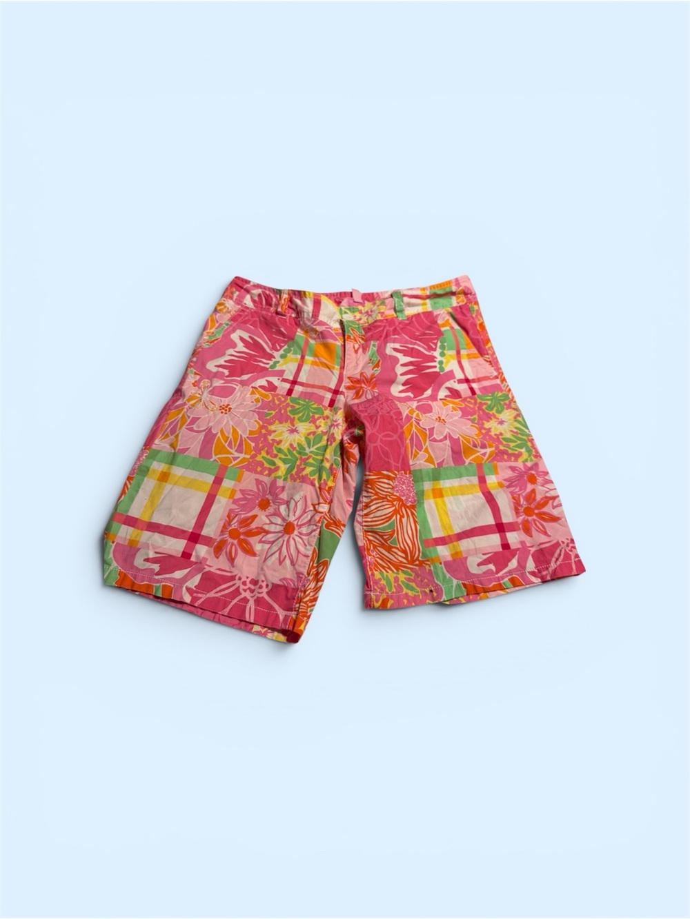 Lilly Pulitzer Pink Floral Patchwork Shorts with Green and Orange Accents